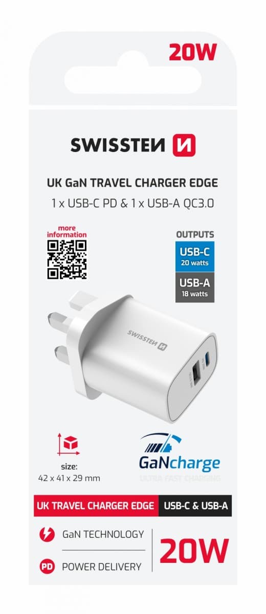 Adaptér Swissten Edge Gan 1x USB-C PD 20W + 1x USB-A 18W QC, pro uk zásuvku bílý