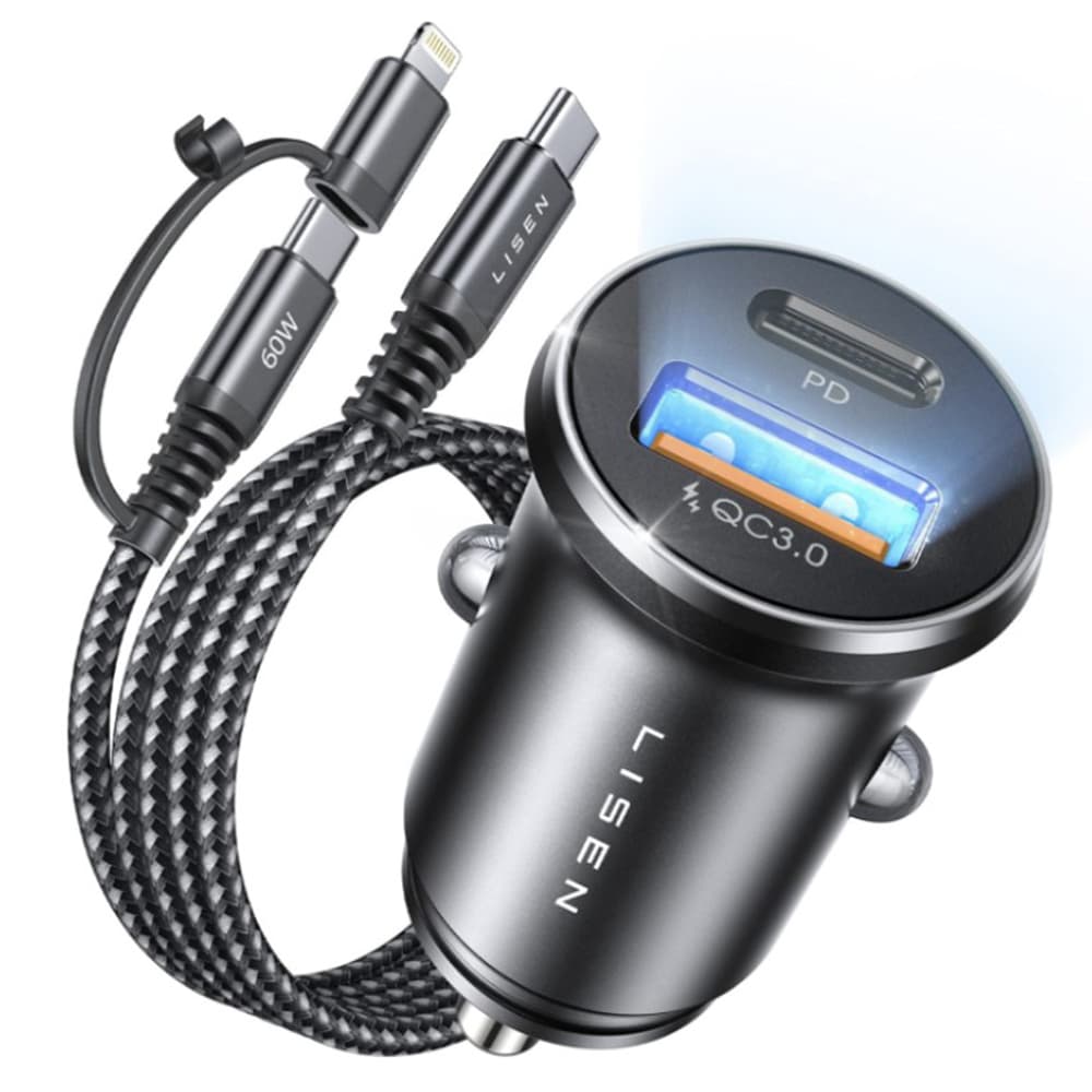 Lisen - nabíječka do auta (YL0223080035) - USB, Type-C, s 3v1 kabelem Type-C/Lightning to Type-C, 12V/24V - černá - náhled 1