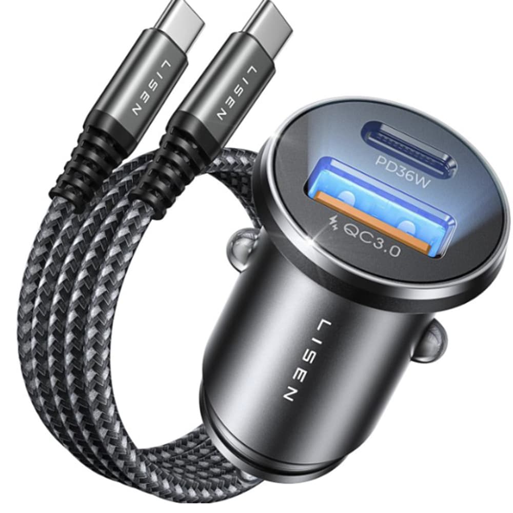 Lisen - nabíječka do auta (YL0223080047) - USB, Type-C, s kabelem Type-C Armor, 12V=24V - černá / tmavě modrá - náhled 1