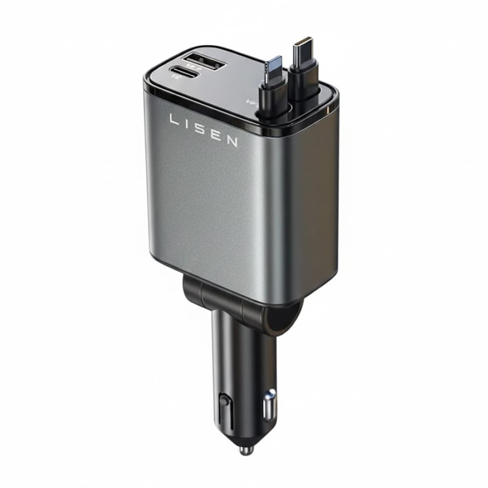 Lisen - nabíječka do auta (YL0224040031) - 4v1, USB, Type-C, se zatahovacím kabelem USB-C a Lightning, hliníková slitina - černá - náhled 1