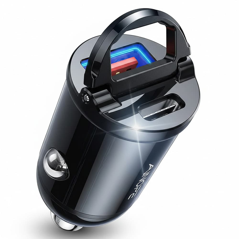 Ainope - nabíječka do auta (YA0222080015) - USB, Type-C, PD30W, s vytahovacím kroužkem, hliníková slitina, 12V/24V - černá - náhled 1
