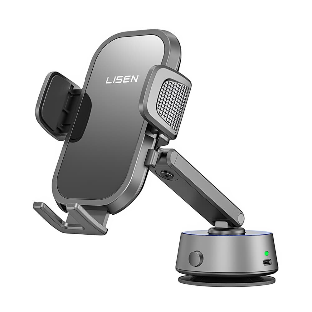 Lisen - držák do auta A680 (YL0225010007) - na palubní desku, stůl, elektrická přísavka, otáčení o 360°, svorkové rameno, 130mAh - černá - náhled 1