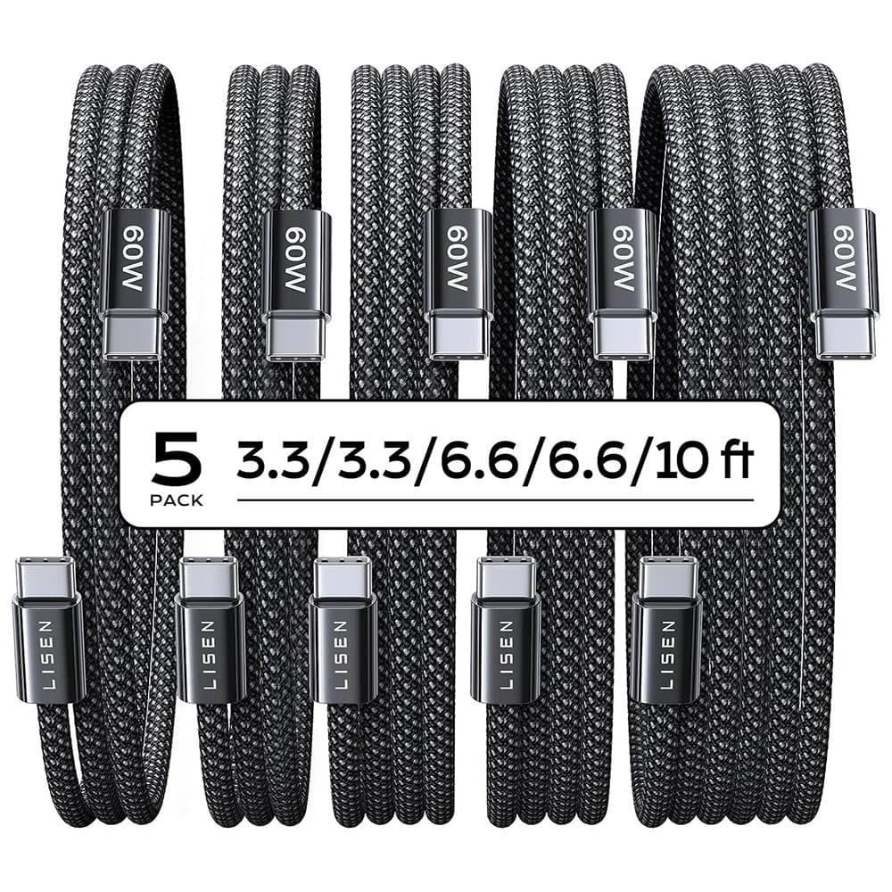 Lisen - sada 5 kusů datových kabelů (YL0123070010) - Type-C, 60 W, 480 Mbps, rychlé nabíjení, opletený, 1 m/1 m/2 m/2 m/3 m - černá - náhled 1