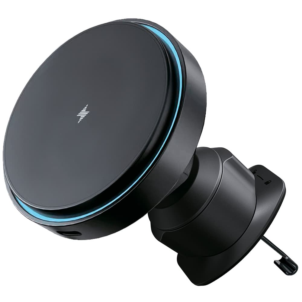 Proove - držák do auta s bezdrátovým nabíjením světelný kruh (WHLC15010001) - MagSafe, do mřížky ventilace, 360°, 15W, modrá LED - černá