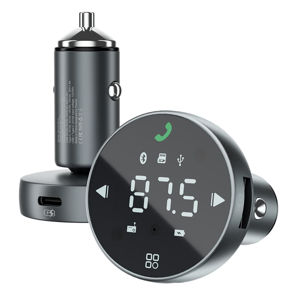 Proove - nabíječka do auta s FM modulátorem (FMSS30110003) - s dotykovým displejem, USB, Type-C, U-Disk, TF, Bluetooth 5.0, 30W - šedá - náhled 1