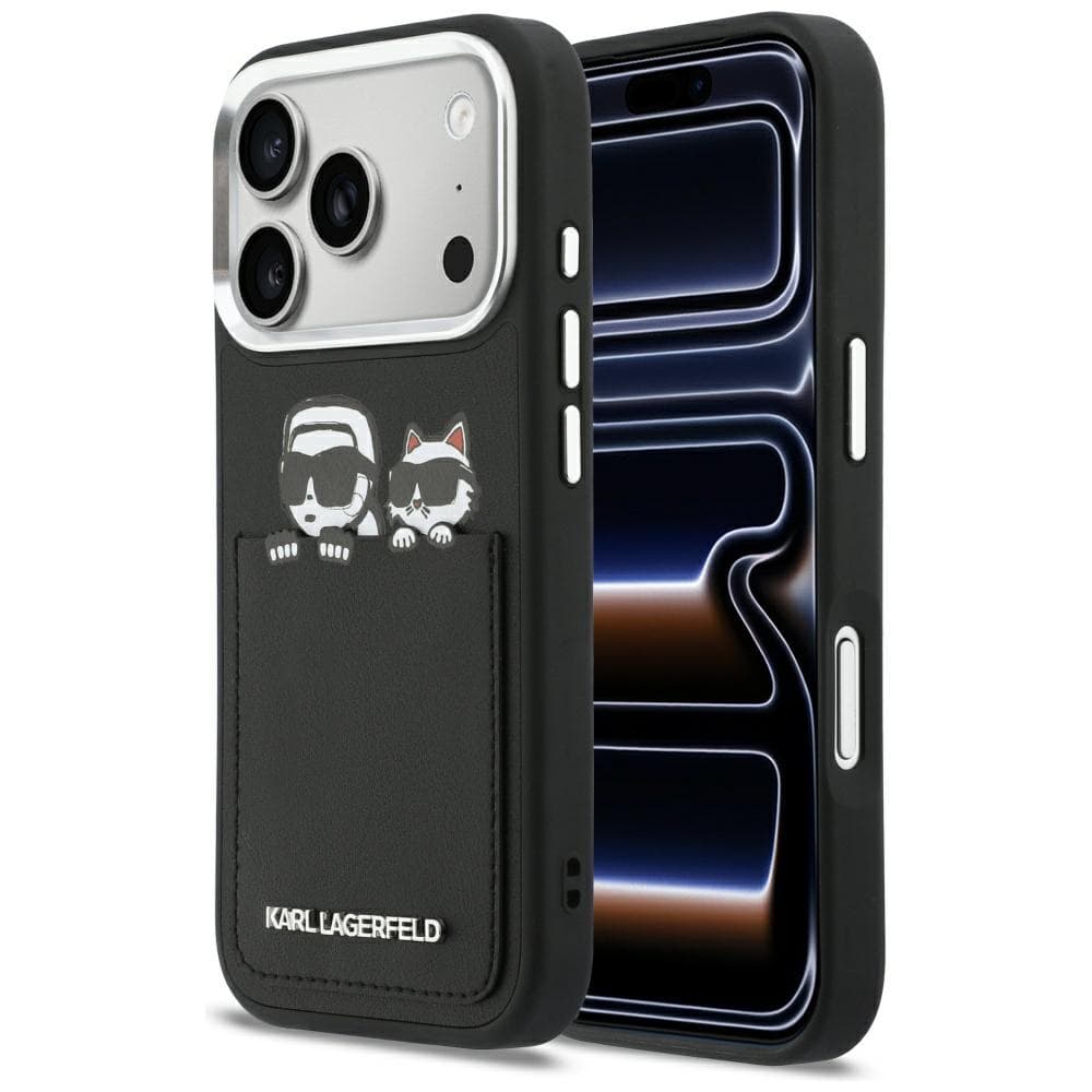Karl Lagerfeld - Pevné kožené pouzdro s potiskem K&amp;C a kapsou (KLHCP17L6PCSPKCK) - iPhone 17 Pro - černá - náhled 1