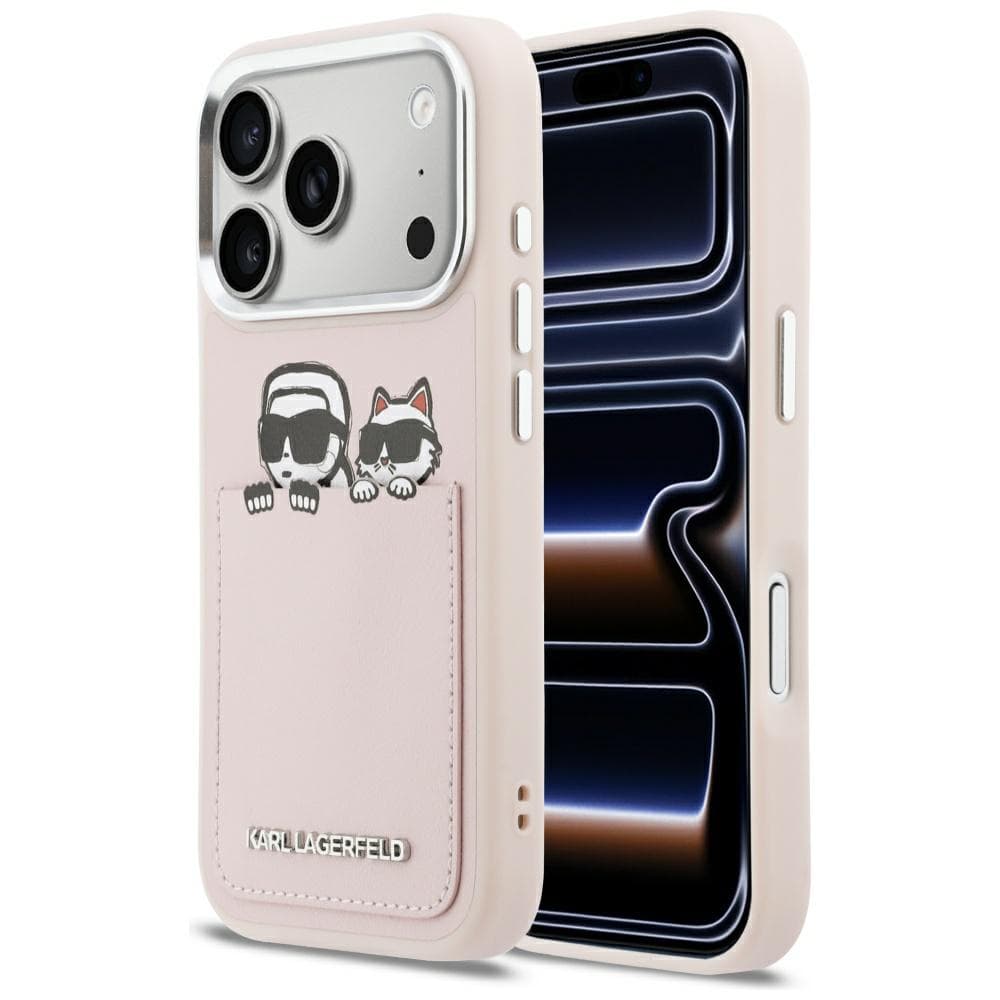 Karl Lagerfeld - Pevný kožený kryt s potiskem K&amp;C a kapsou (KLHCP17X6PCSPKCP) pro iPhone 17 Pro Max - růžová - náhled 1