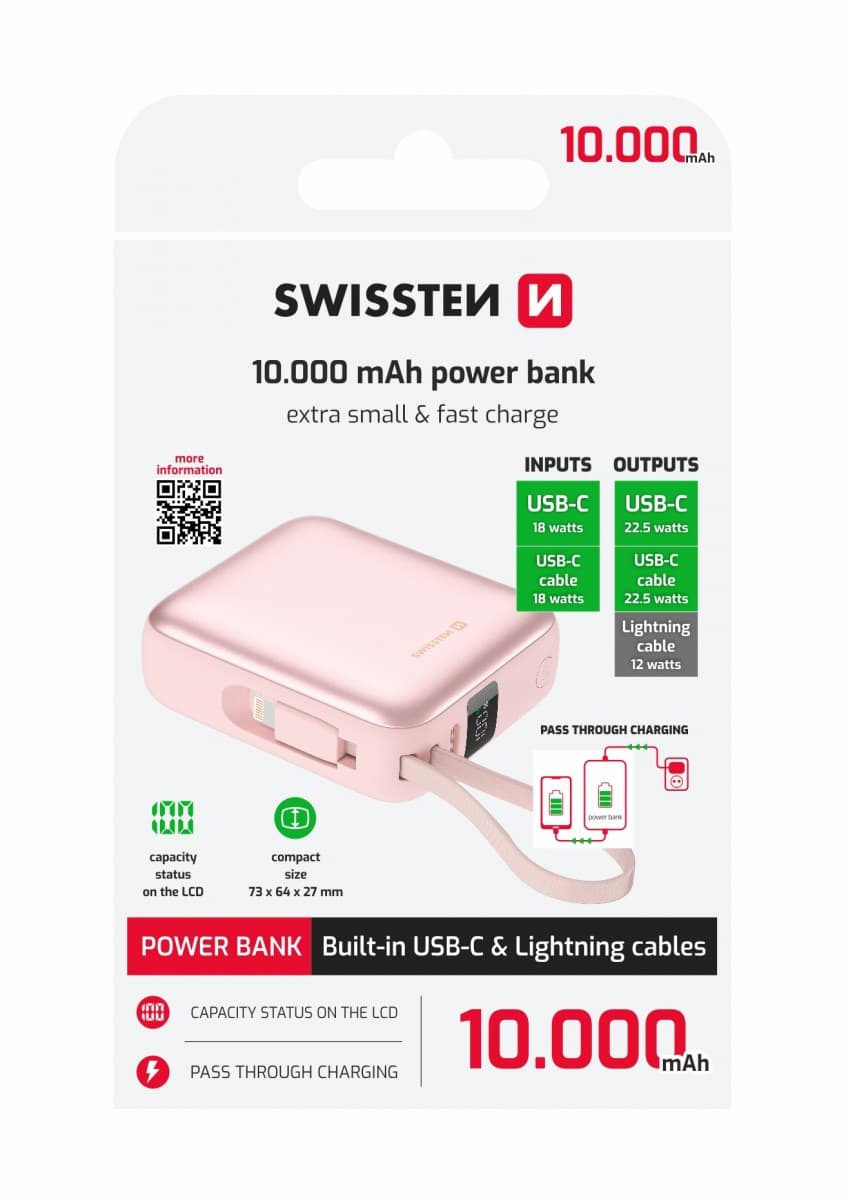 Powerbank Swissten Space 10000 mAh s integrovanými kabely usb-c a lightning růžová - náhled 1