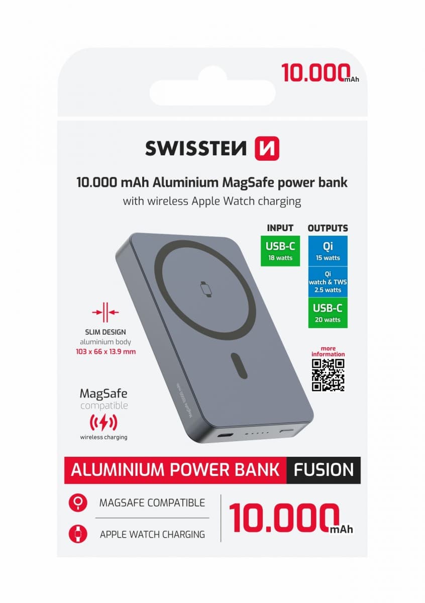 Powerbank Swissten Fusion 10000 mAh s nabíjením Apple Watch (kompatibilní s magsafe) stříbrná