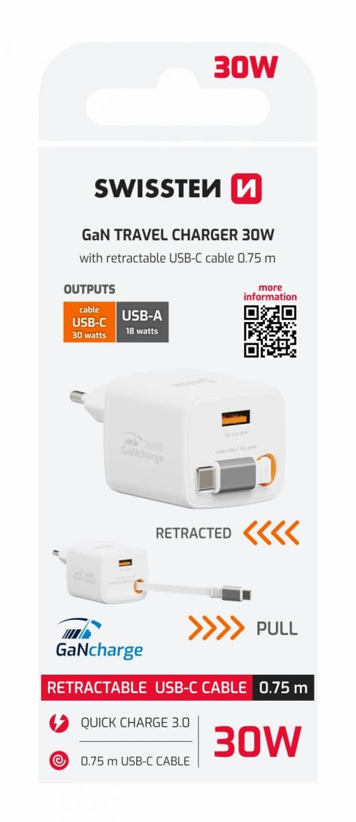 Adaptér Swissten Slidecharge Gan 30W, 1x USB-A 18W se zatahovacím USB-C kabelem 0.75 m bílý