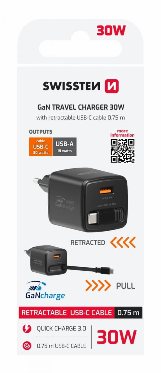 Adaptér Swissten Slidecharge Gan 30W, 1x USB-A 18W se zatahovacím USB-C kabelem 0.75 m černý - náhled 1