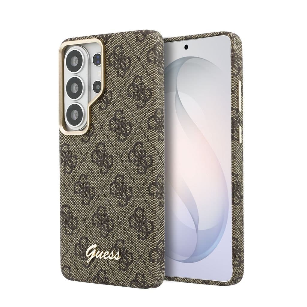 Zadní kryt Guess PU 4G Script Metal Logo Magnetic pro Samsung Galaxy S26 Ultra hnědý - náhled 1