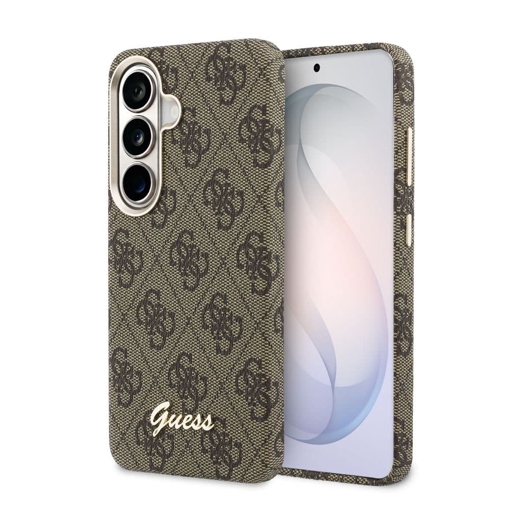 Zadní kryt Guess PU 4G Script Metal Logo Magnetic pro Samsung Galaxy S26 hnědý - náhled 1