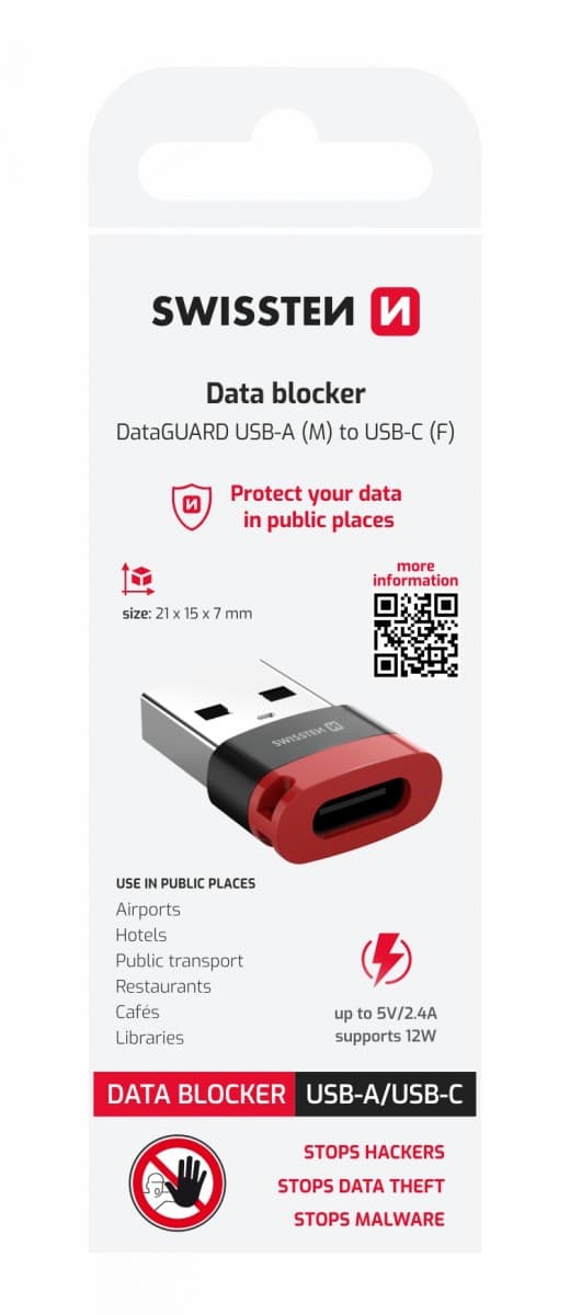 Nabíjecí adaptér s blokací dat Swissten dataguard usb-a (samec) / usb-c (samice) černý - náhled 1