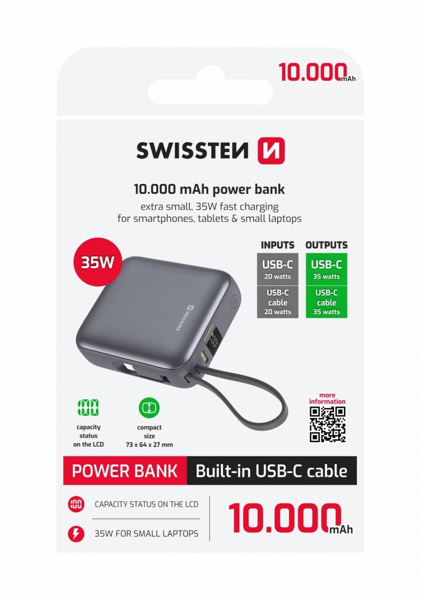 Powerbank Swissten Space 10000 mAh, 35W s integrovaným kabelem USB-C stříbrná - náhled 1