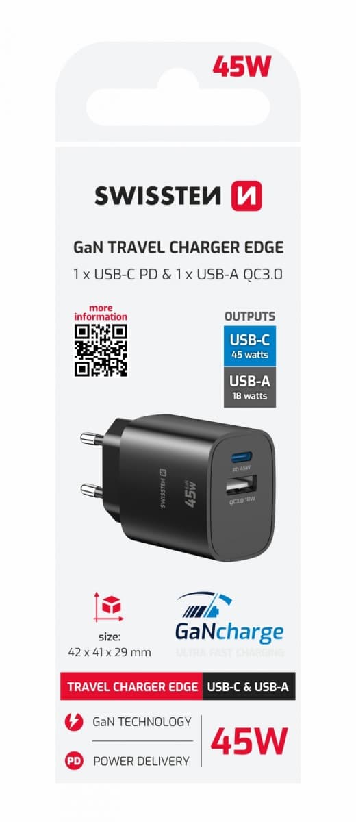 Adaptér Swissten Edge Gan 1x USB-C PD 45W + 1x USB-A 18W QC černý