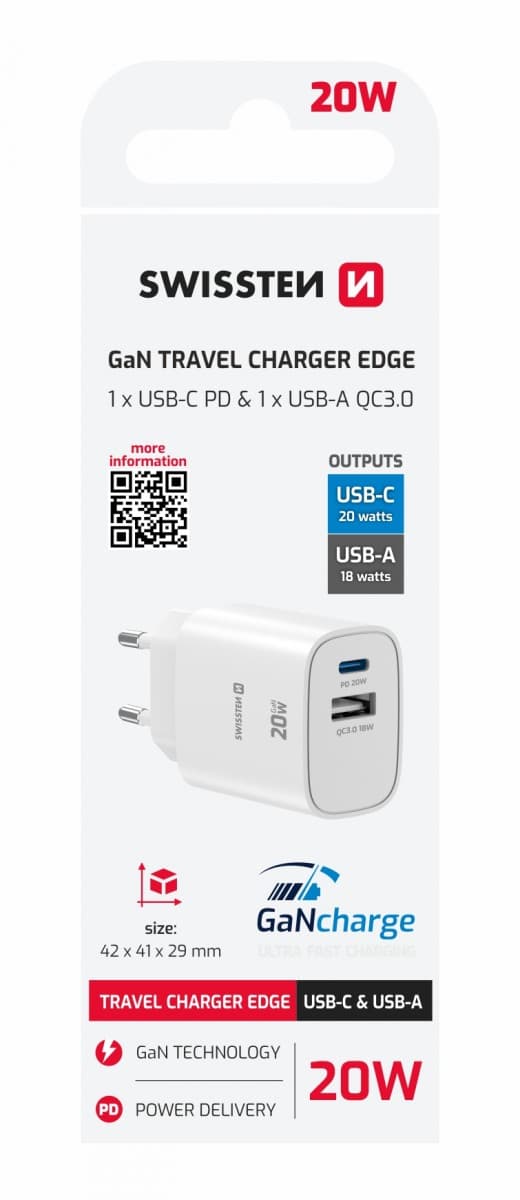 Adaptér Swissten Edge Gan 1x USB-C PD 20W + 1x USB-A 18W QC bílý - náhled 1
