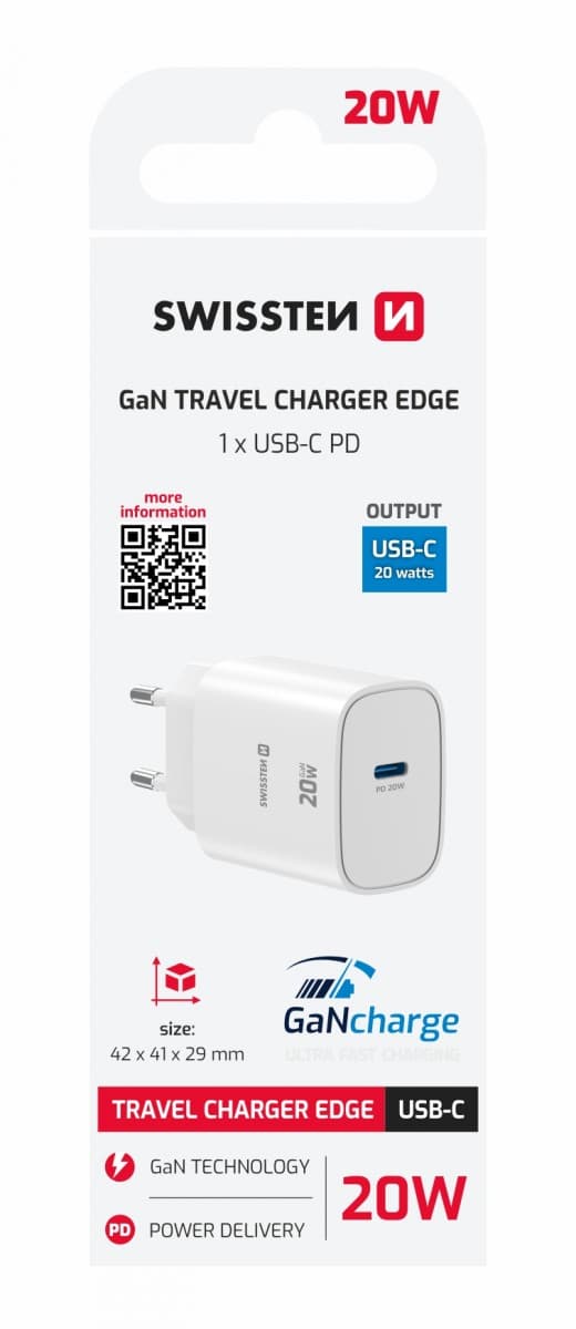 Adaptér Swissten Edge Gan 1x USB-C PD 20W bílý - náhled 1