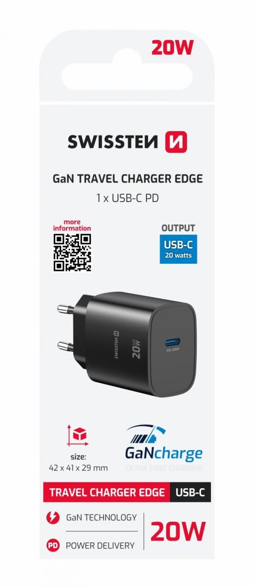 Adaptér Swissten Edge Gan 1x USB-C PD 20w černý - náhled 1