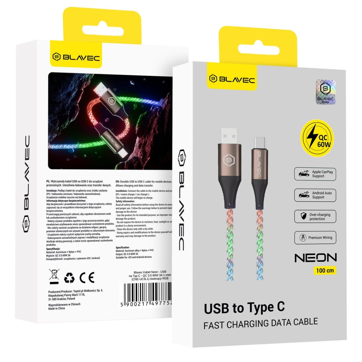 Blavec Neon svítící kabel USB-A na USB-C, QC 3.0, 60W, 3A, 1 m, RGB - náhled 1