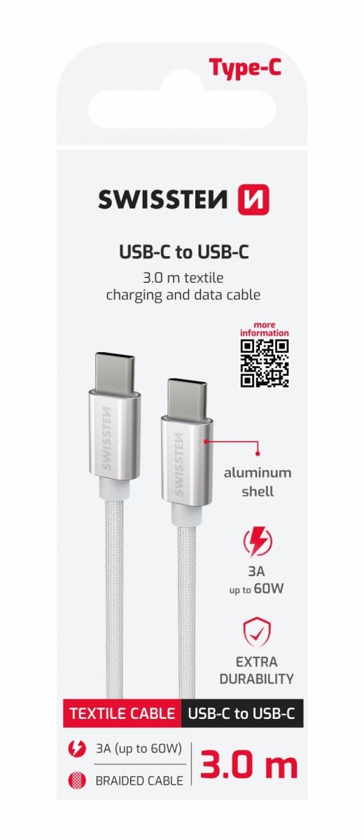 Datový kabel Swissten textile usb-c / usb-c 3.0 m stříbrný - náhled 1