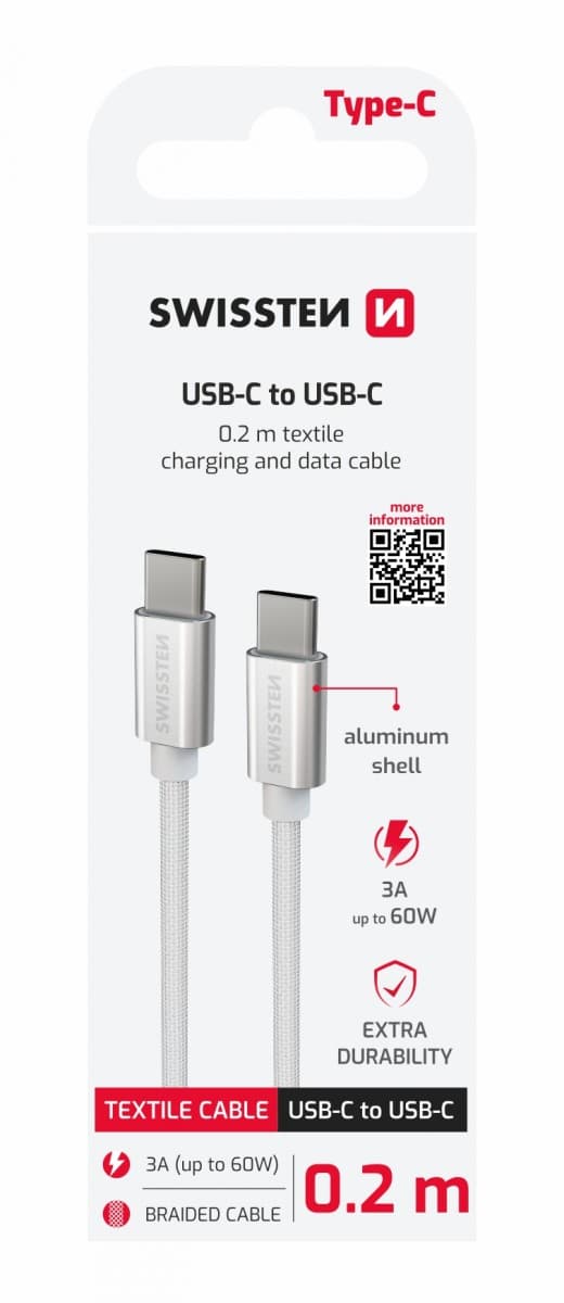Datový kabel Swissten textile usb-c / usb-c 0.2 m stříbrný - náhled 1