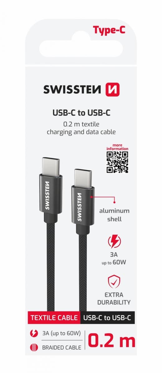 Datový kabel Swissten textile usb-c / usb-c 0.2 m černý - náhled 1
