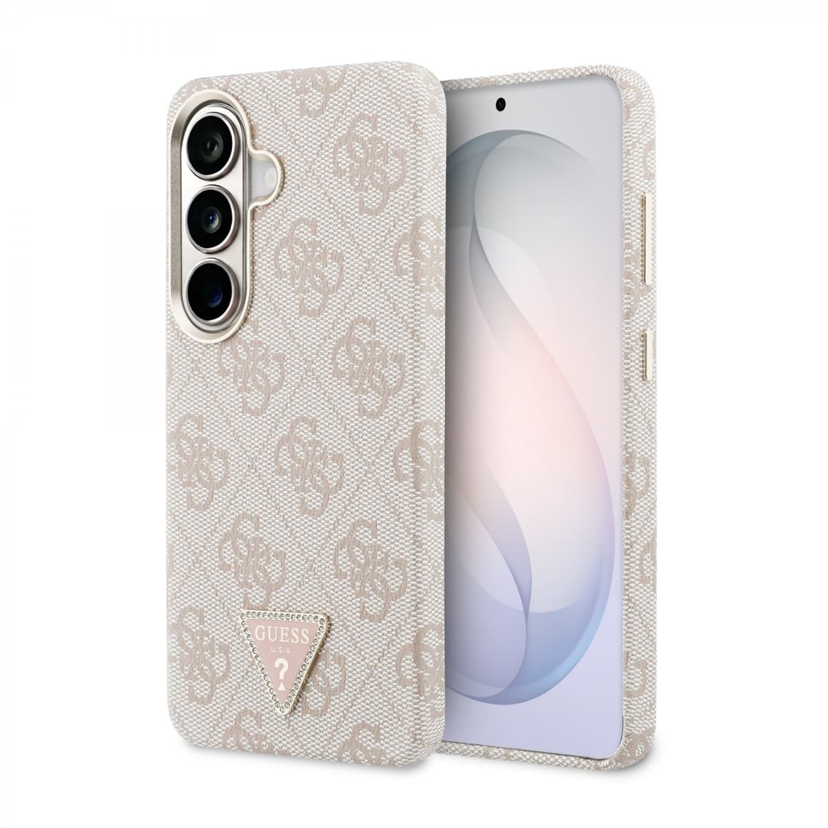 Zadní kryt Guess PU Leather 4G Strass Triangle Logo Gold Frame Magnetic pro Samsung Galaxy S26 růžový - náhled 1