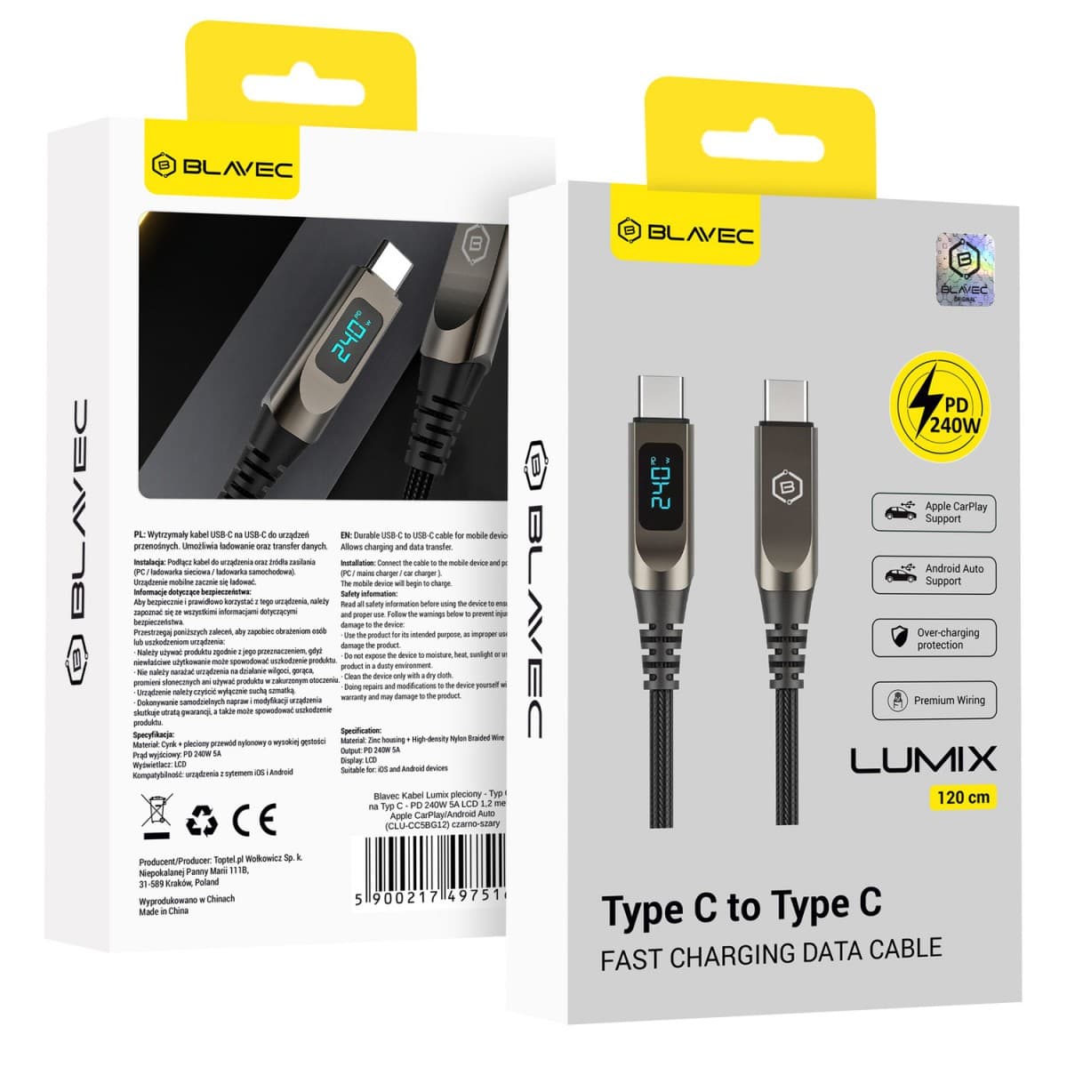 Opletený kabel Blavec Lumix - Typ C na Typ C - PD 240W 5A s LED displejem 1,2 metru Apple CarPlay/Android Auto (CLU-CC5BG12) černošedý - náhled 1
