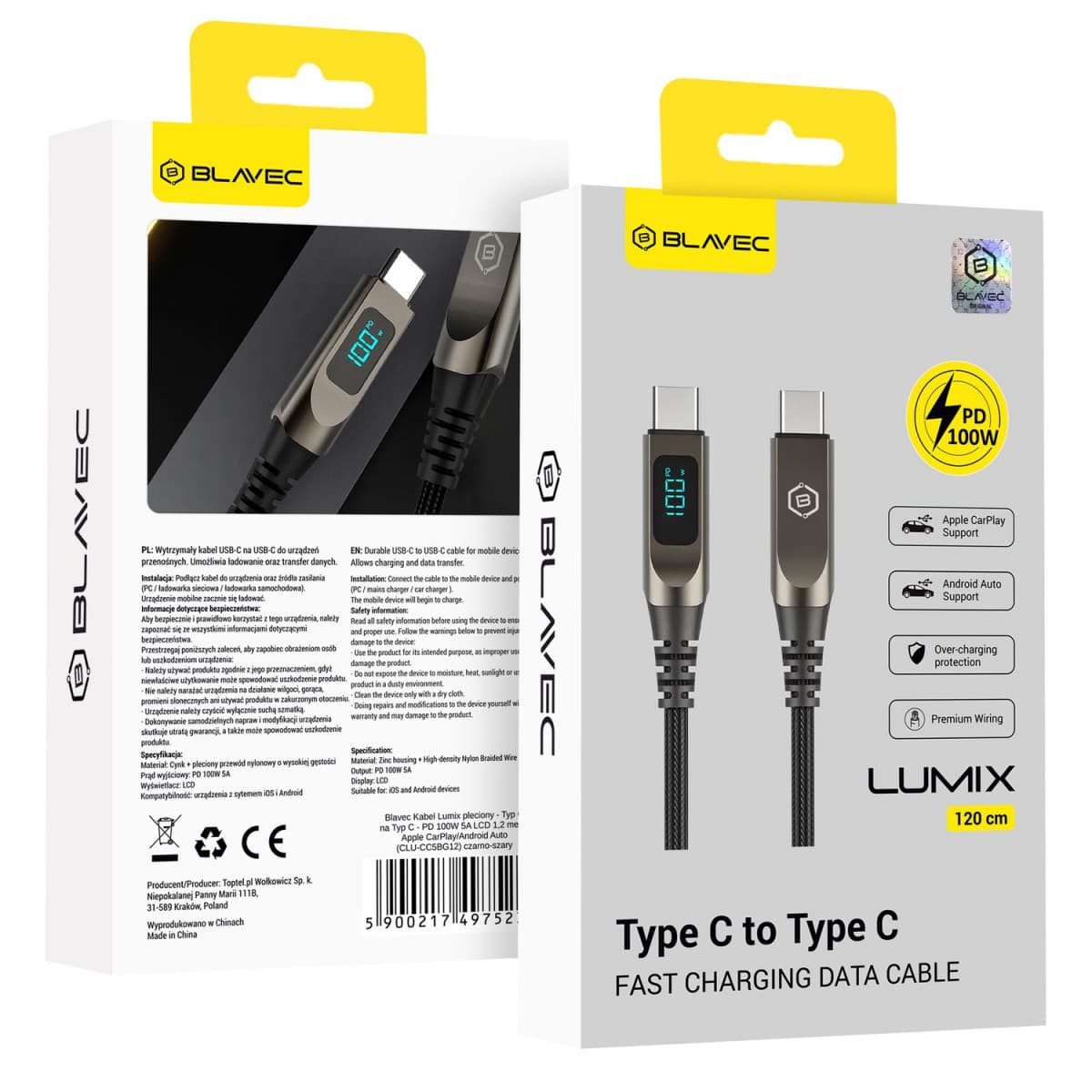 Opletený kabel Blavec Lumix - Typ C na Typ C - PD 100W 5A s LED displejem 1,2 metru Apple CarPlay/Android Auto (CLU-CC5BG12) černošedý - náhled 1