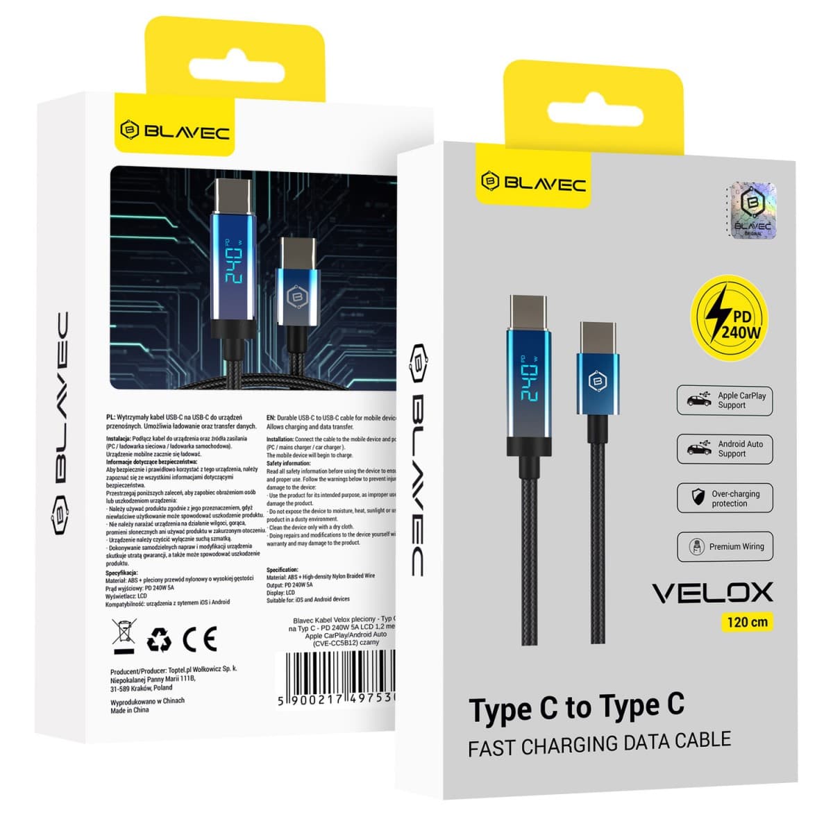 Opletený kabel Blavec Velox - Typ C na Typ C - PD 240W 5A s LED displejem 1,2 metru Apple CarPlay/Android Auto (CVE-CC5B12) černý - náhled 1