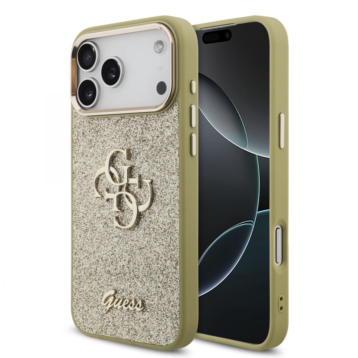 Zadní kryt Guess PU Fixed Glitter 4G Metal Frame pro iPhone 17 Pro Max zlatý - náhled 1