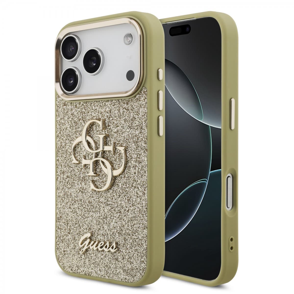 Zadní kryt Guess PU Fixed Glitter 4G Metal Frame pro iPhone 17 Pro zlatý - náhled 1