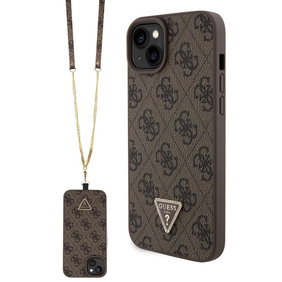 Zadní kryt a popruh Guess PU 4G Strass Triangle Metal Logo pro iPhone 15 Plus hnědý - náhled 1