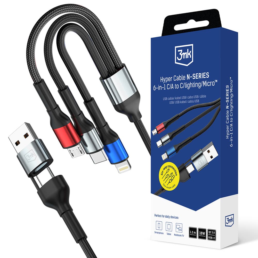 Kabel 3mk Data Cable Hyper N-Series 6in1 - USB-C/USB Male, USB-C Female to USB-C, Lightning, Micro, 18W, 9V/2A, 1.2m černý - náhled 1