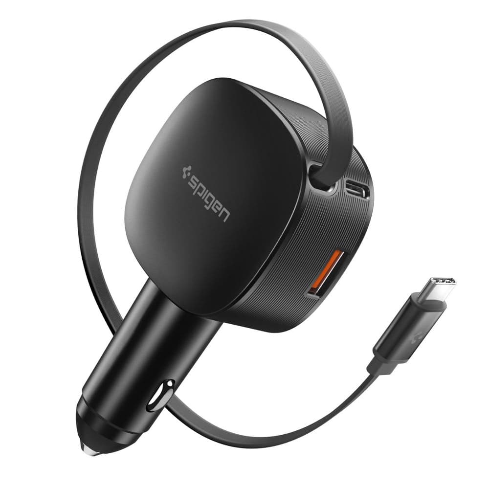 Nabíječka do auta Spigen - Car Charger Essential EV603BT (ACP10515) - 3in1, USB, 2x Type-C, Built-in Retractable Cable, Fast Charging, 60W, 72cm Černá - náhled 1