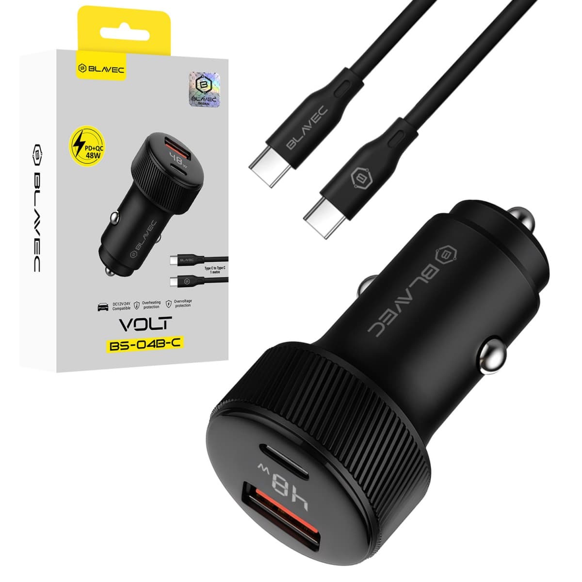Rychlonabíječka do auta Blavec BS-04B-C Volt 48W s displejem a kabelem USB-C černá - náhled 1