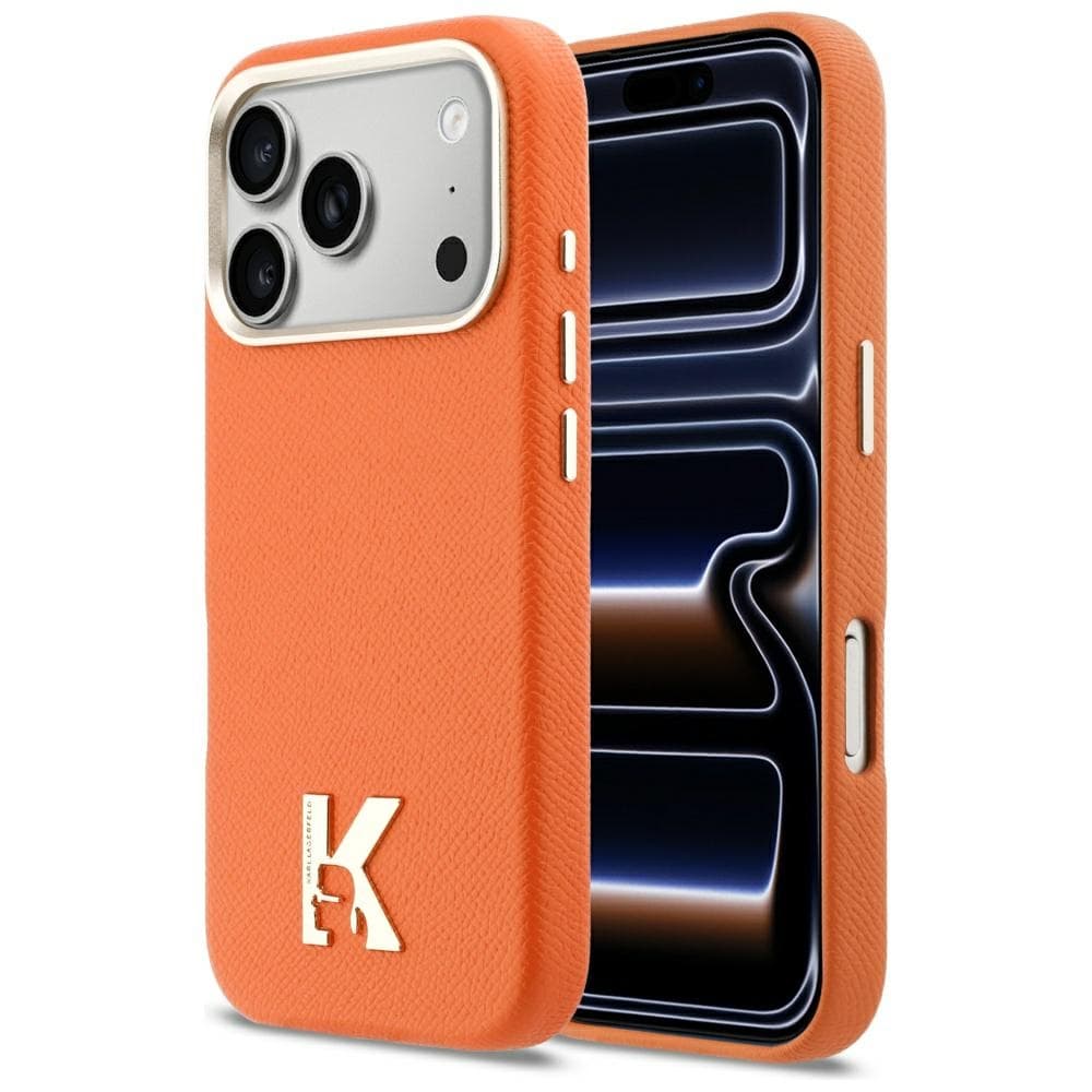 Kryt Karl Lagerfeld Hardcase Leather Khead Logo pro iPhone 17 Pro oranžový - náhled 1