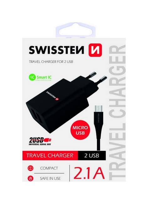 Nabíječka Swissten microUSB Dual Smart IC 2.1A černá 44373