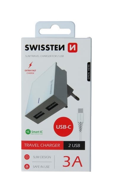 Nabíječka Swissten USB-C (Type-C) Dual Smart IC 3A bílá 46701