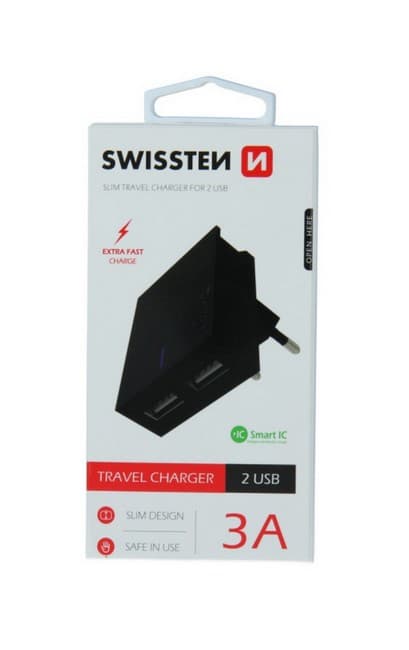 Cestovní adaptér Swissten Dual Smart IC 3A černý 53764