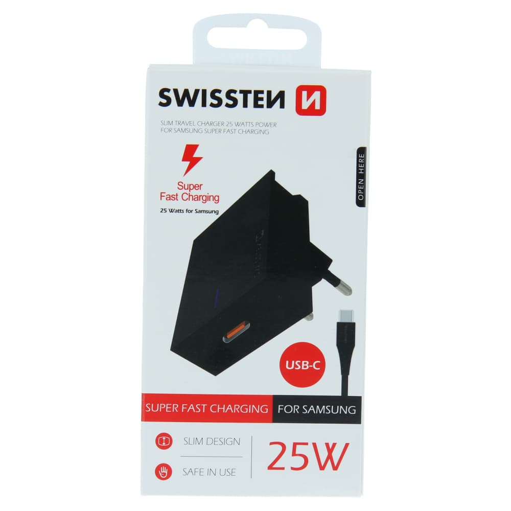 Swissten síťový adaptér pro samsung super fast charging 25w + datový kabel usb-c/usb-c 1,2 m černý - náhled 1
