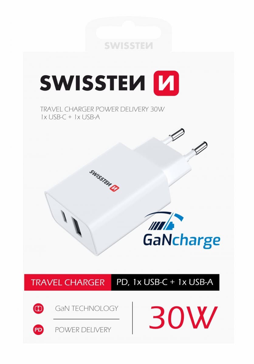 Swissten síťový adaptér power delivery 30w 1x usb-c + 1x usb bílý - náhled 1