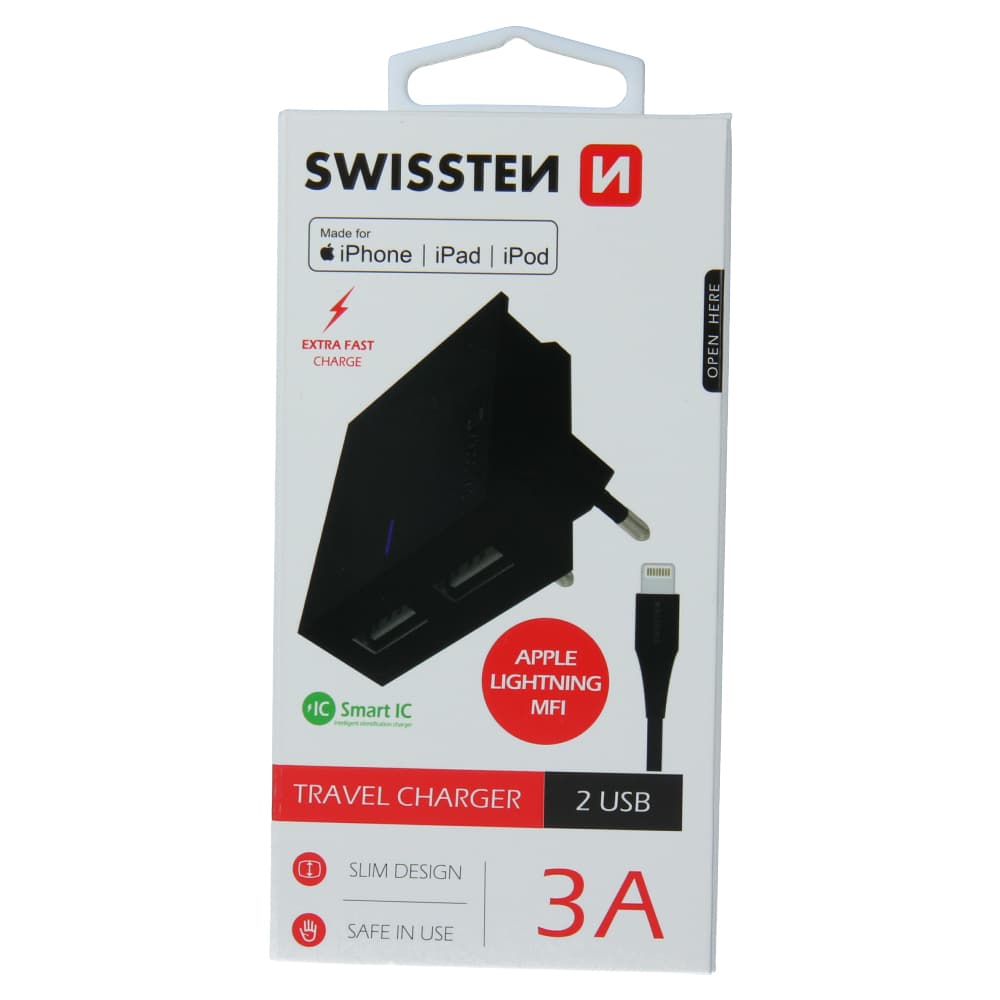 Swissten síťový adaptér smart ic 2x usb 3a power + datový kabel usb / lightning mfi 1,2 m černý - náhled 1