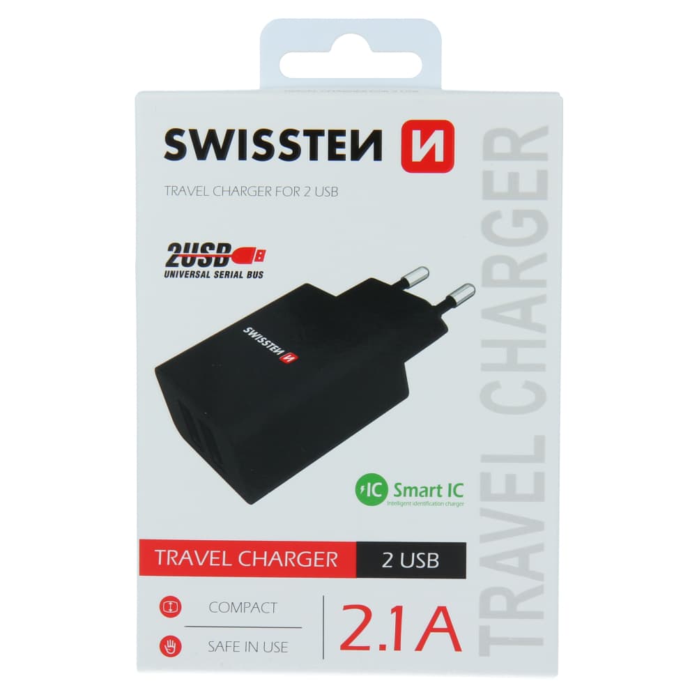 Swissten síťový adaptér smart ic 2x usb 2,1a power černý - náhled 1