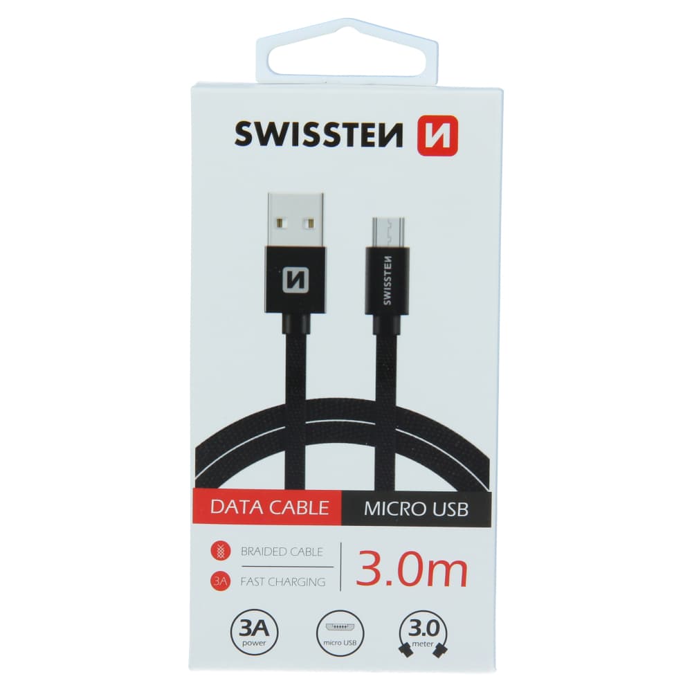 Datový kabel swissten textile usb / micro usb 3,0 m černý - náhled 1