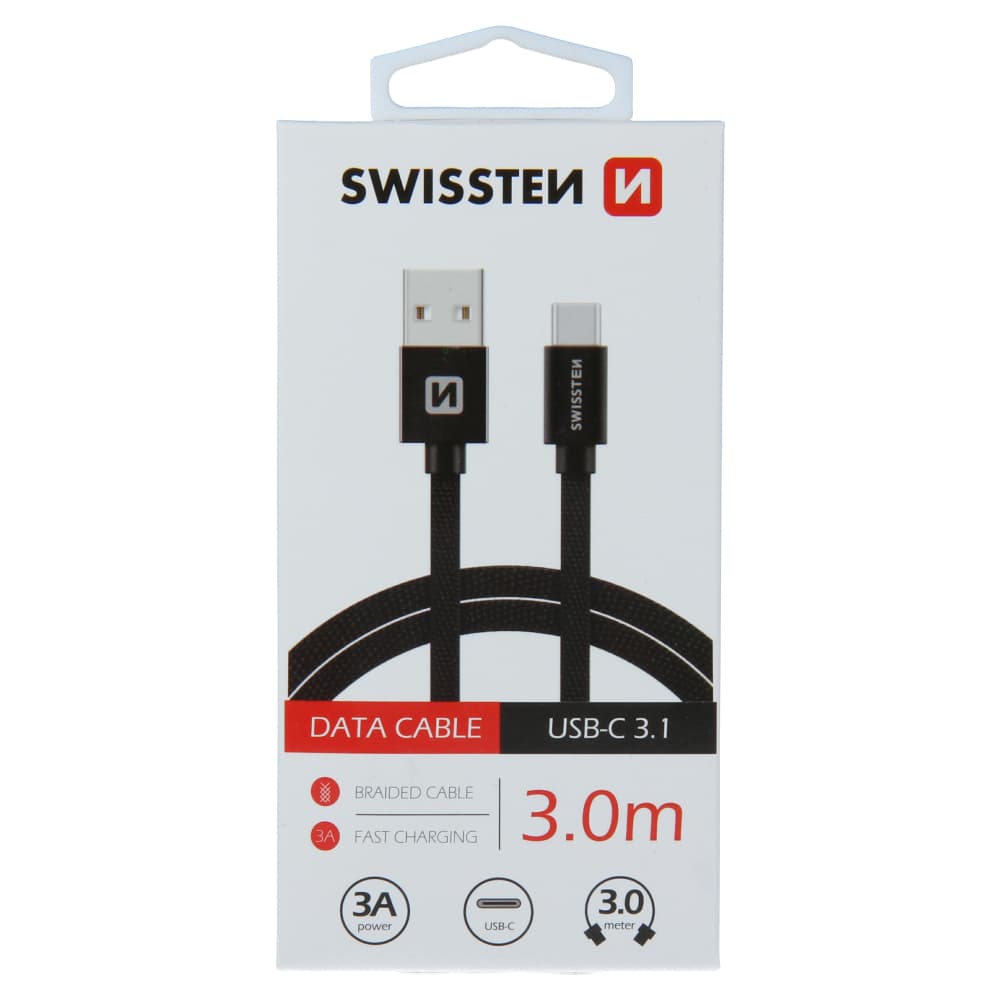 Datový kabel swissten textile usb / usb-c 3,0 m černý - náhled 1