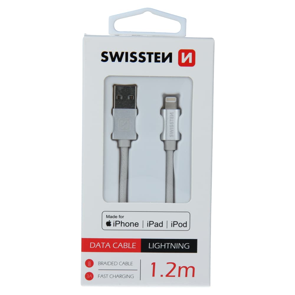 Datový kabel swissten textile usb / lightning mfi 1,2 m stříbrný - náhled 1