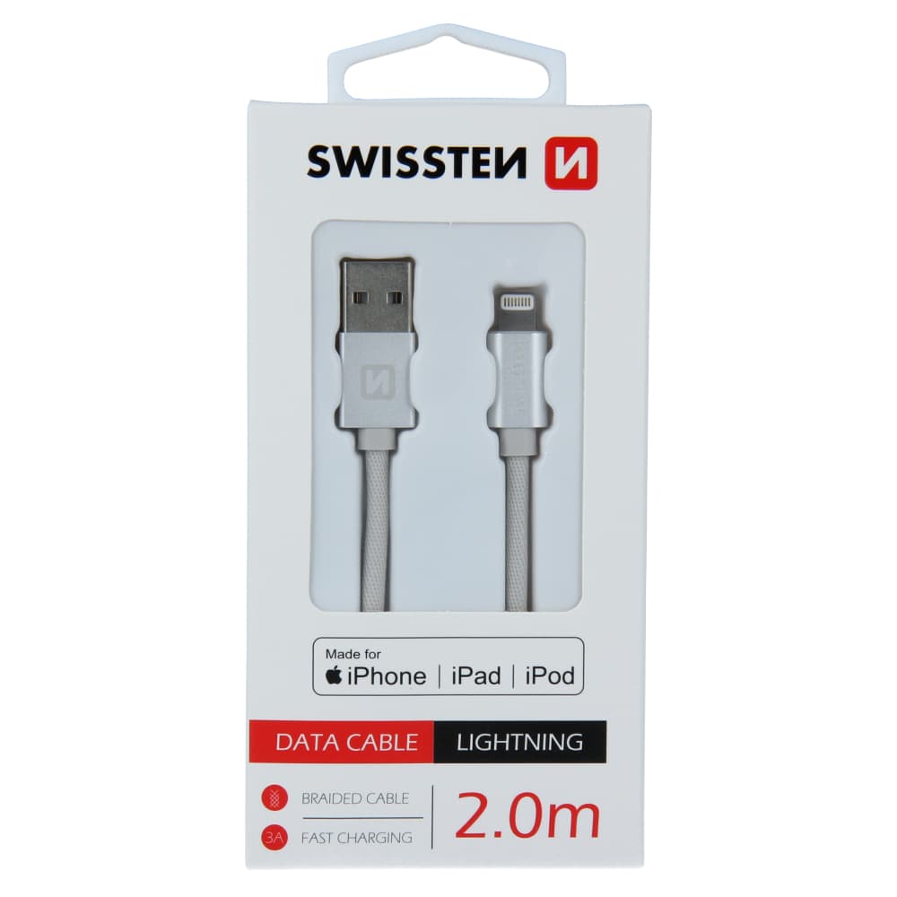 Datový kabel swissten textile usb / lightning mfi 2,0 m stříbrný - náhled 1