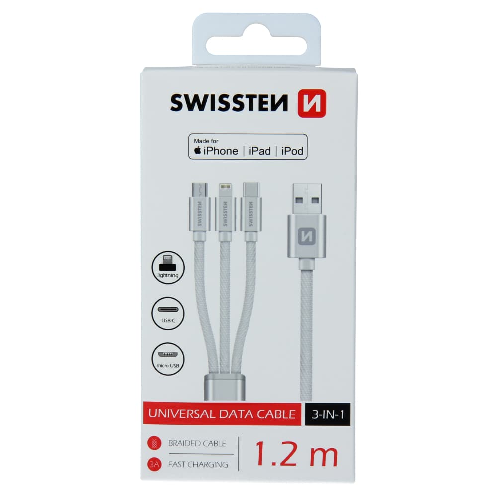 Datový kabel Swissten textile 3v1 mfi 1,2 m stříbrný - náhled 1